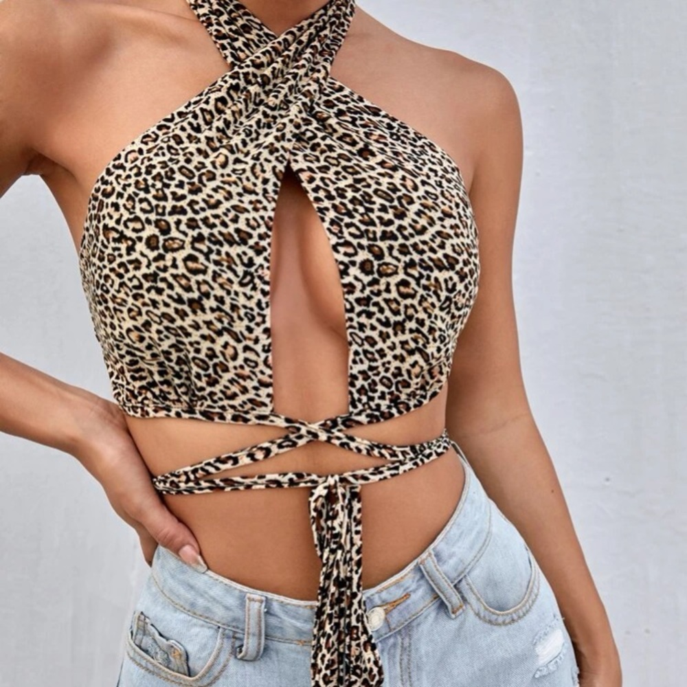 Crisscross tie front open back leopard halter top